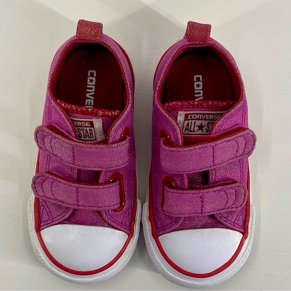 Converse Other - Converse Pink and Red Sparkly Velcro Sneakers Toddler size 6